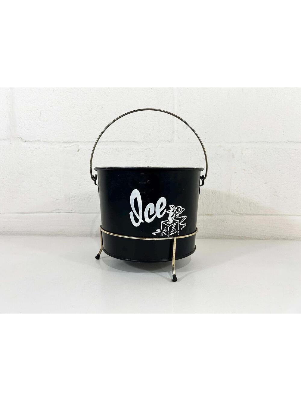Black Penguin Ice Bucket Handle Leak Tite Gold Metal Barware Drinks Bar 1950s